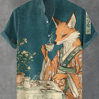 Kavari Royale Men’s Stand Collar Linen Shirt – Creative Printed Short Sleeve Summer Casual Streetwear