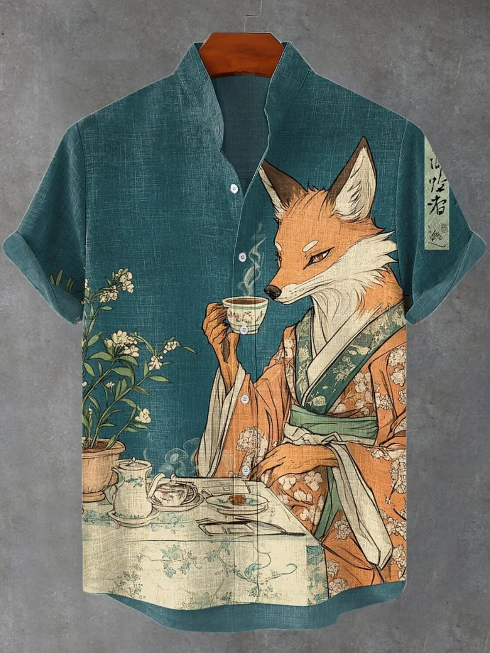 Kavari Royale Men’s Stand Collar Linen Shirt – Creative Printed Short Sleeve Summer Casual Streetwear