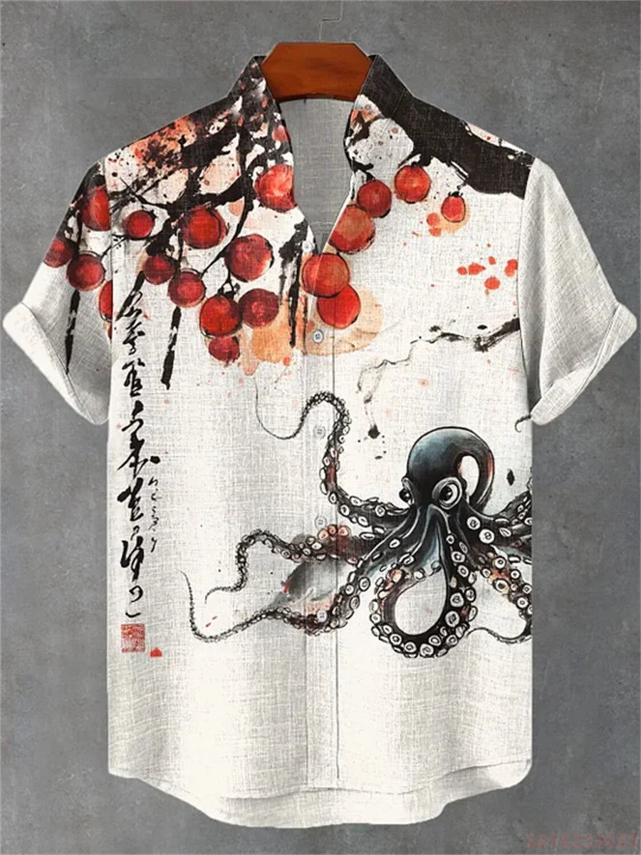 Kavari Royale Men’s Short Sleeve Octopus Print Shirt – Hawaiian Casual Loose Fit Linen-Style Top (XS–6XL)