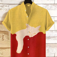 Kavari Royale Atelier Men’s Short Sleeve Linen Shirt – Hawaiian Beach Stand Collar Button Cardigan Printed Casual Wear