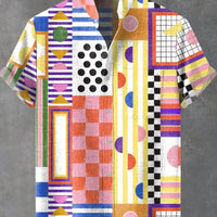 Kavari Royale Men’s Multicolor Geometric Stripe Shirt – 3D Printed Linen Short Sleeve Casual Flap Collar