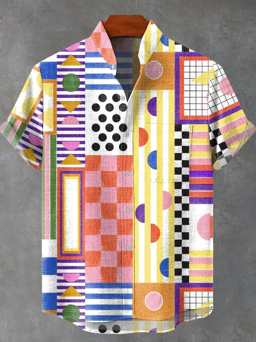 Kavari Royale Men’s Multicolor Geometric Stripe Shirt – 3D Printed Linen Short Sleeve Casual Flap Collar