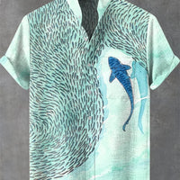 Kavari Royale Summer Wave Linen Shirt – Retro 3D Fish Print Hawaiian Beach Short Sleeve Casual Wear