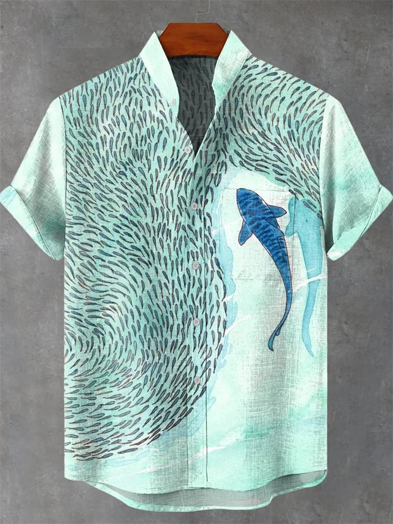 Kavari Royale Summer Wave Linen Shirt – Retro 3D Fish Print Hawaiian Beach Short Sleeve Casual Wear