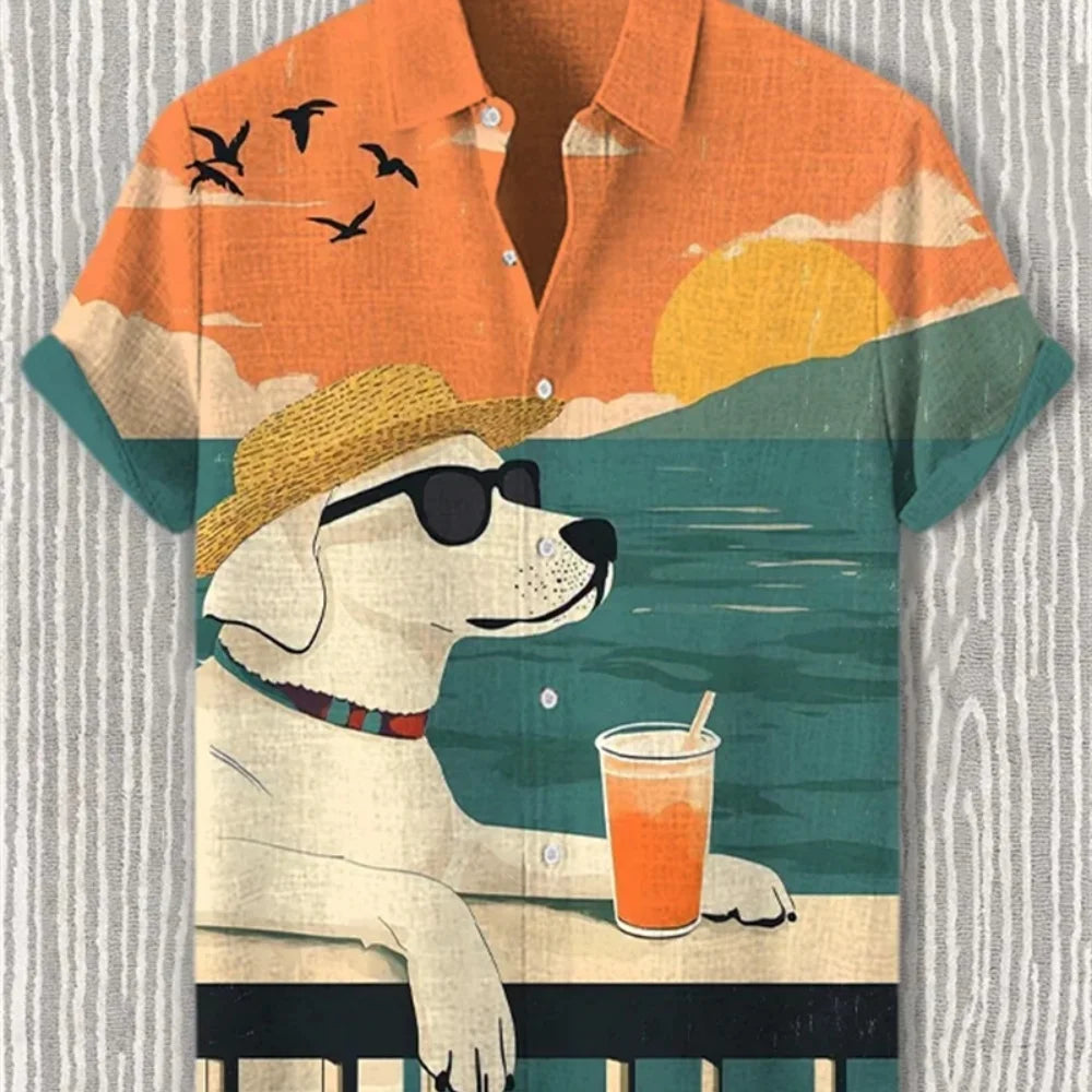 Kavari Royale Men’s Desert Pyramid Cat Print Shirt – Short Sleeve Linen Lapel Casual Streetwear