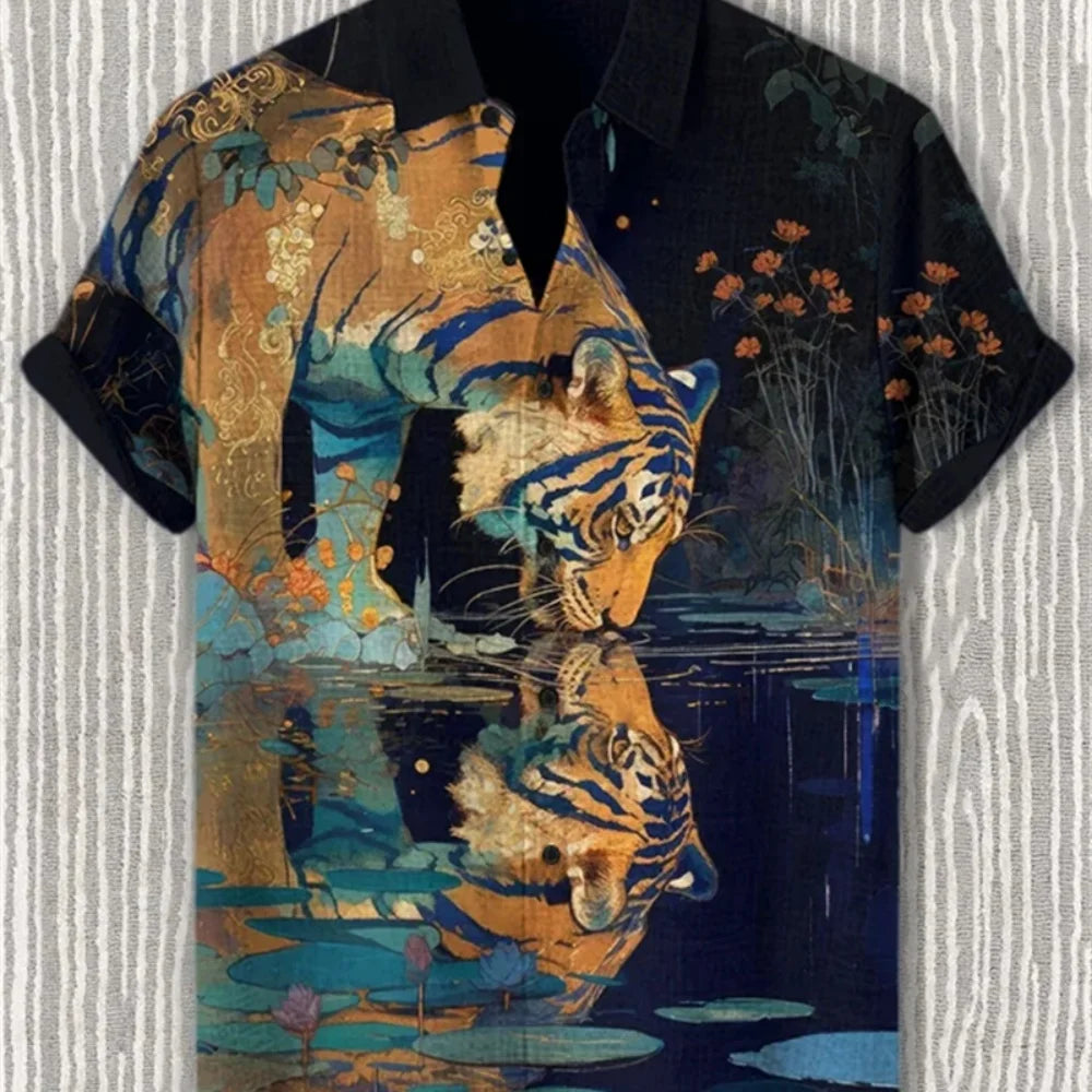 Kavari Royale Men’s Desert Pyramid Cat Print Shirt – Short Sleeve Linen Lapel Casual Streetwear