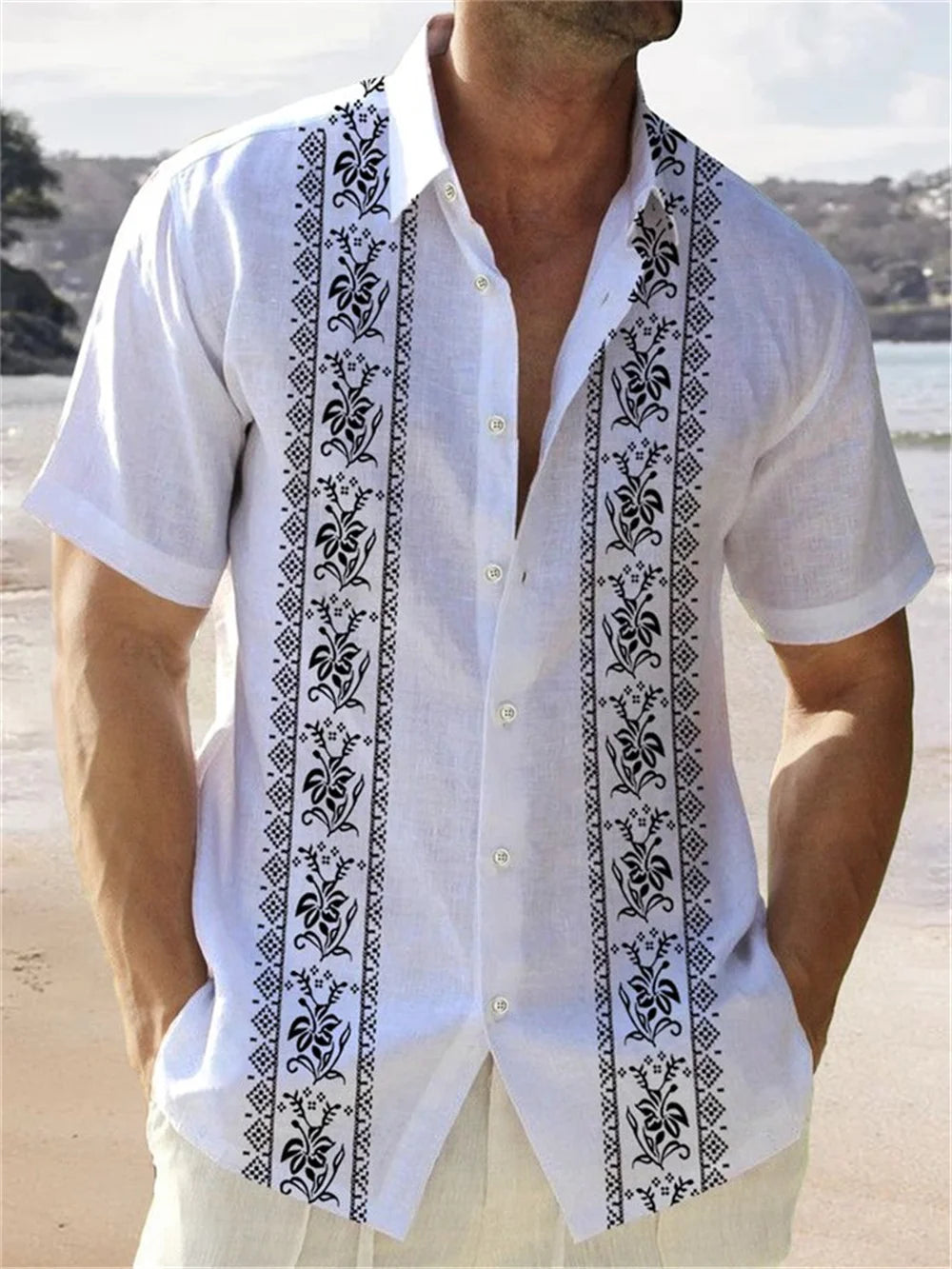Kavari Royale Men’s Hawaiian Beach Shirt – Coconut Tree Print Short Sleeve Casual Polo Top