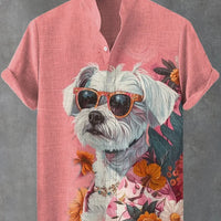 Kavari Royale Atelier Men’s Short Sleeve Linen Shirt – Hawaiian Beach Stand Collar Button Cardigan Printed Casual Wear