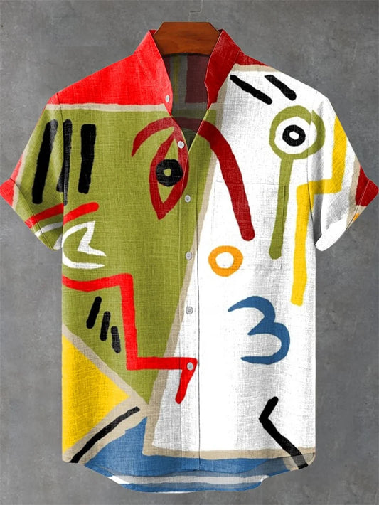 Kavari Royale Summer Wave Linen Shirt – Retro 3D Fish Print Hawaiian Beach Short Sleeve Casual Wear