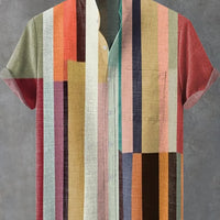 Kavari Royale Men’s Multicolor Geometric Stripe Shirt – 3D Printed Linen Short Sleeve Casual Flap Collar