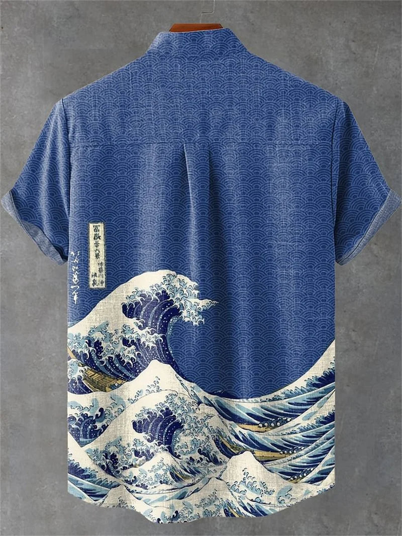 Kavari Royale Wave Linen Shirt – Men’s Short Sleeve Summer Beach Style Casual Wear