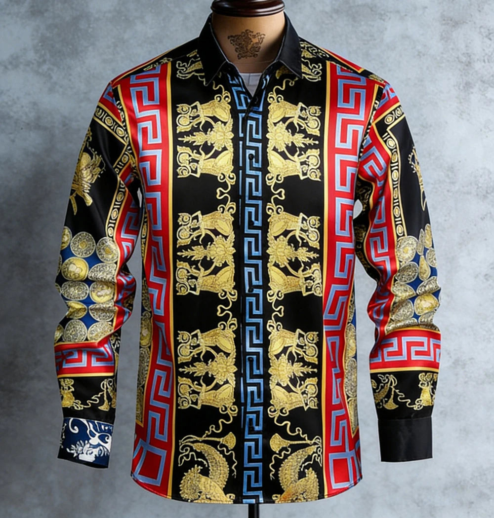 Kavari Royale Men’s French Luxury Baroque Shirt – 3D Printed Long Sleeve Hawaiian Vacation & Wedding Wear
