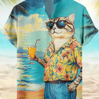 Kavari Royale Atelier Men’s Short Sleeve Linen Shirt – Hawaiian Beach Stand Collar Button Cardigan Printed Casual Wear