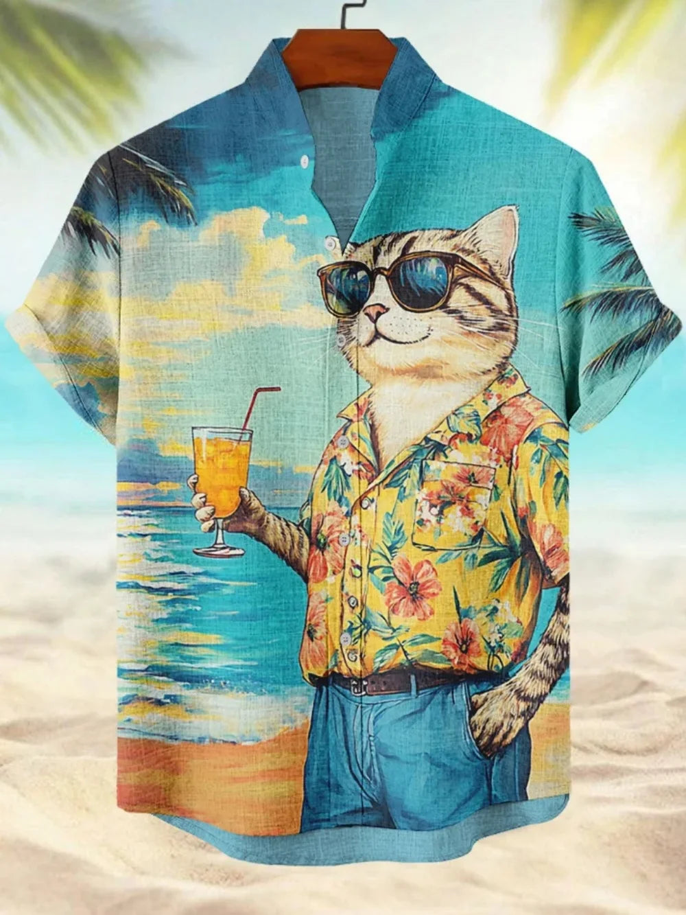 Kavari Royale Atelier Men’s Short Sleeve Linen Shirt – Hawaiian Beach Stand Collar Button Cardigan Printed Casual Wear