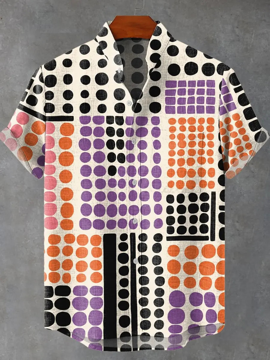 Kavari Royale Men’s Multicolor Geometric Stripe Shirt – 3D Printed Linen Short Sleeve Casual Flap Collar