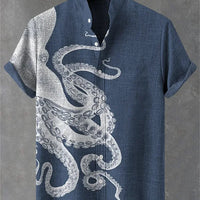 Kavari Royale Men’s Short Sleeve Octopus Print Shirt – Hawaiian Casual Loose Fit Linen-Style Top (XS–6XL)
