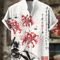 Kavari Royale Men’s Stand Collar Linen Shirt – Creative Printed Short Sleeve Summer Casual Streetwear