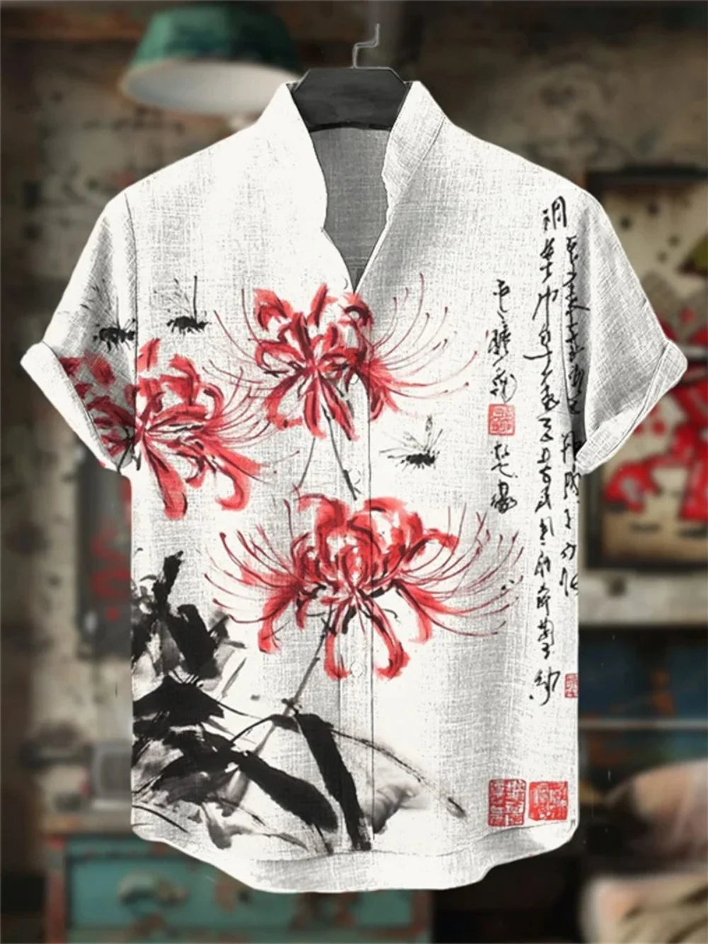Kavari Royale Men’s Stand Collar Linen Shirt – Creative Printed Short Sleeve Summer Casual Streetwear