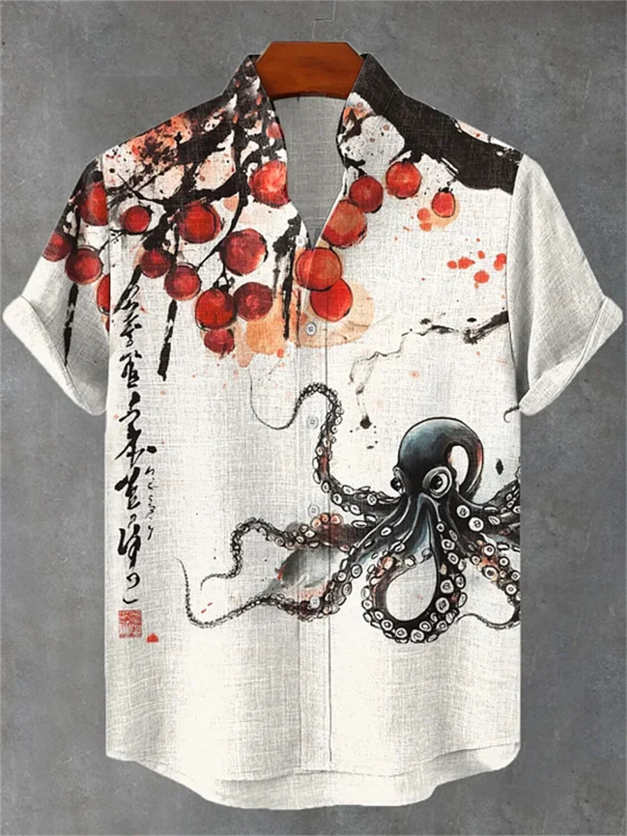 Kavari Royale Men’s Short Sleeve Octopus Print Shirt – Hawaiian Casual Loose Fit Linen-Style Top (XS–6XL)