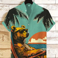 Kavari Royale Atelier Men’s Short Sleeve Linen Shirt – Hawaiian Beach Stand Collar Button Cardigan Printed Casual Wear