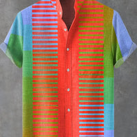 Kavari Royale Men’s Multicolor Geometric Stripe Shirt – 3D Printed Linen Short Sleeve Casual Flap Collar
