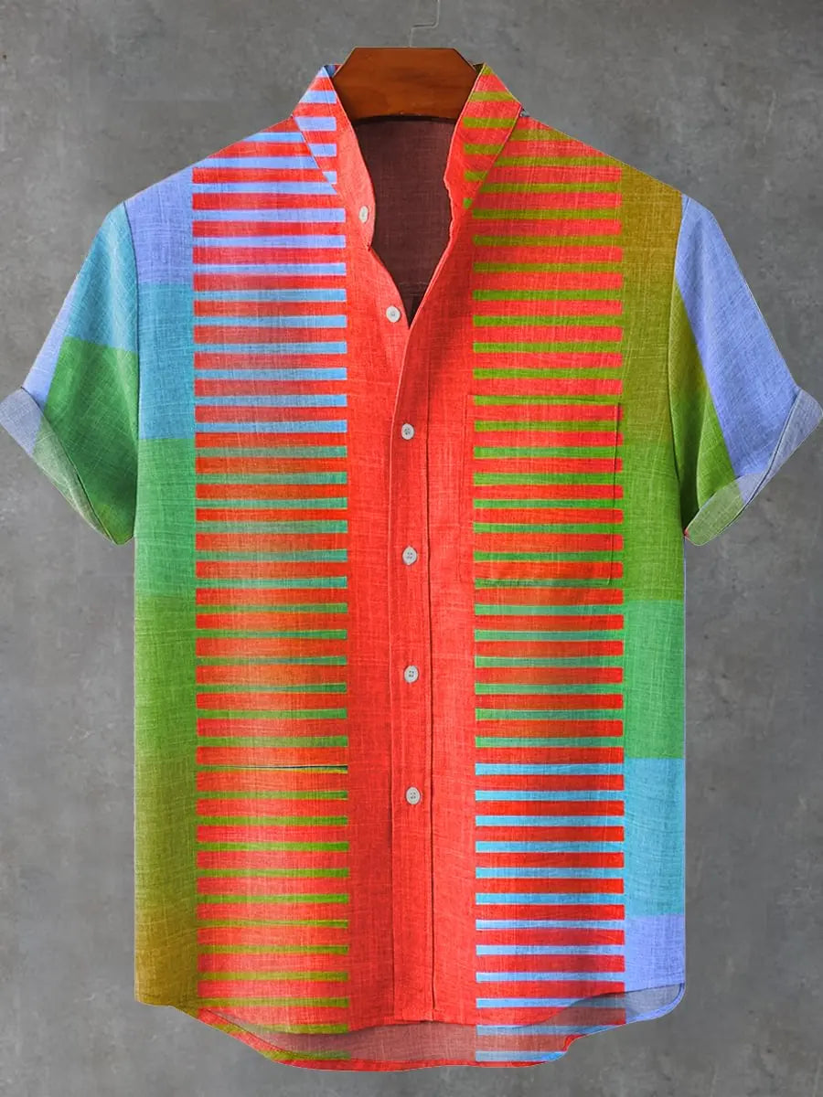 Kavari Royale Men’s Multicolor Geometric Stripe Shirt – 3D Printed Linen Short Sleeve Casual Flap Collar
