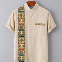 Kavari Royale Men’s Linen Lapel Shirt – Ethnic Totem 3D Printed Hawaiian Short Sleeve Vacation Party Wear