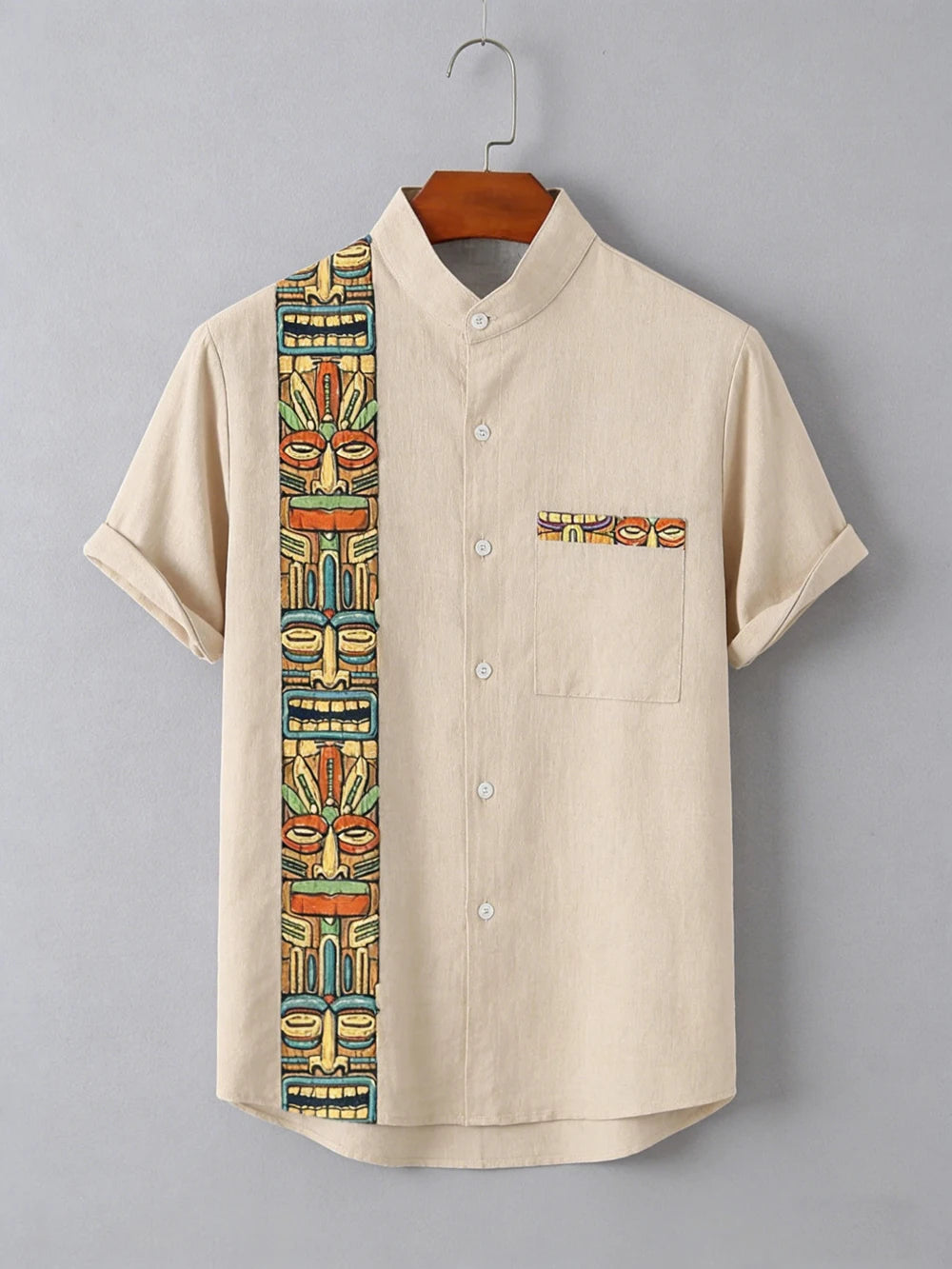 Kavari Royale Men’s Linen Lapel Shirt – Ethnic Totem 3D Printed Hawaiian Short Sleeve Vacation Party Wear