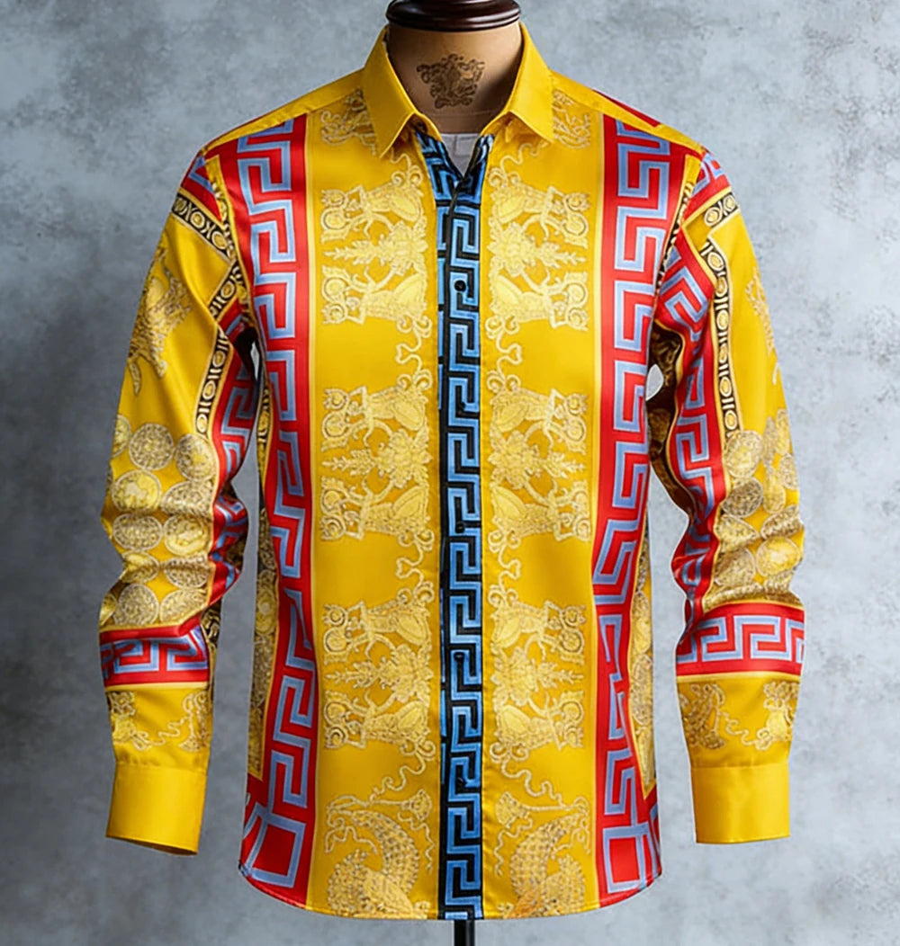 Kavari Royale Men’s French Luxury Baroque Shirt – 3D Printed Long Sleeve Hawaiian Vacation & Wedding Wear