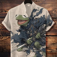 Kavari Royale Men’s Stand Collar Linen Shirt – Creative Printed Short Sleeve Summer Casual Streetwear