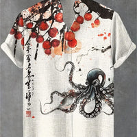Kavari Royale Men’s Short Sleeve Octopus Print Shirt – Hawaiian Casual Loose Fit Linen-Style Top (XS–6XL)