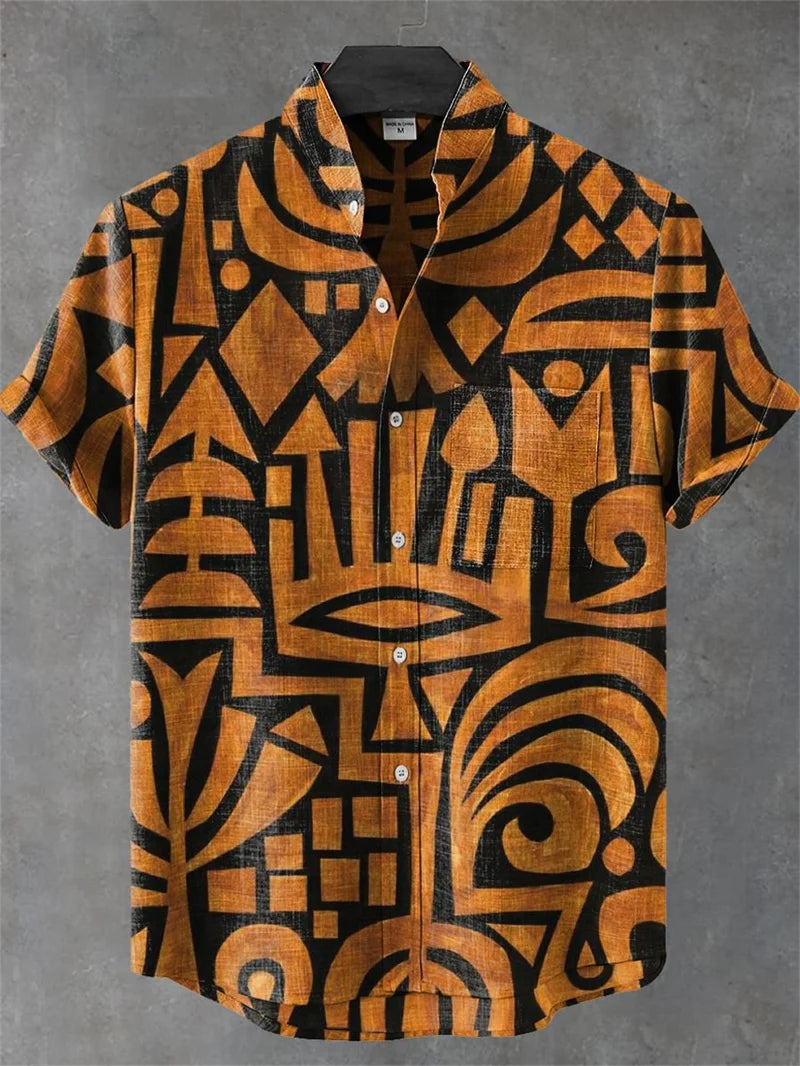 Kavari Royale Men’s Cartoon Cat Print Linen Shirt – Comfortable Short Sleeve Casual Art Design