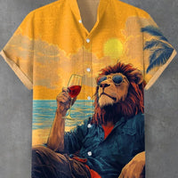 Kavari Royale Atelier Men’s Short Sleeve Linen Shirt – Hawaiian Beach Stand Collar Button Cardigan Printed Casual Wear