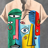 Kavari Royale Men’s Cartoon Cat Print Linen Shirt – Comfortable Short Sleeve Casual Art Design
