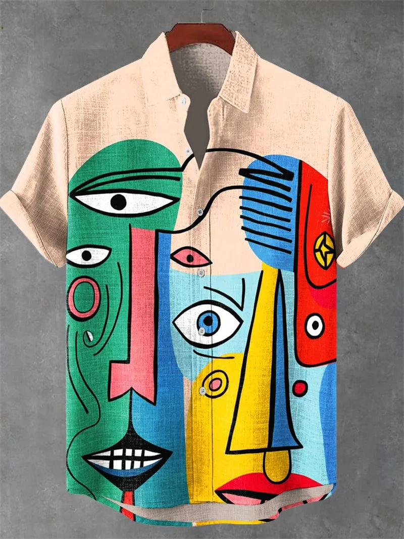 Kavari Royale Men’s Cartoon Cat Print Linen Shirt – Comfortable Short Sleeve Casual Art Design