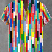 Kavari Royale Men’s Multicolor Geometric Stripe Shirt – 3D Printed Linen Short Sleeve Casual Flap Collar