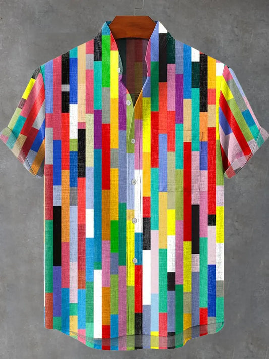 Kavari Royale Men’s Multicolor Geometric Stripe Shirt – 3D Printed Linen Short Sleeve Casual Flap Collar