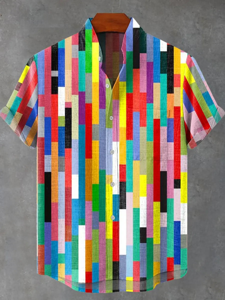 Kavari Royale Men’s Multicolor Geometric Stripe Shirt – 3D Printed Linen Short Sleeve Casual Flap Collar