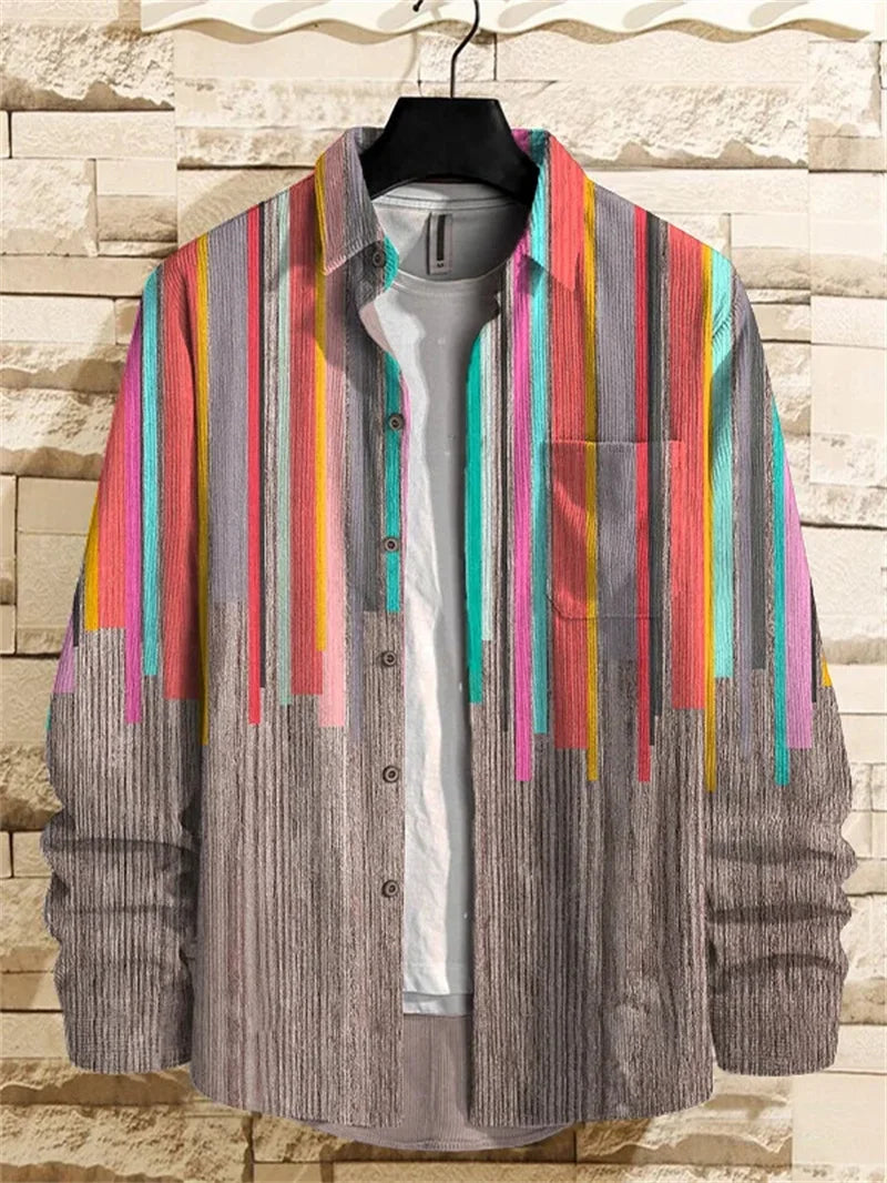 Kavari Royale Men’s Linen Long Sleeve Shirt – 3D Bamboo Leaf Print Hawaiian Lapel Casual Comfort Top