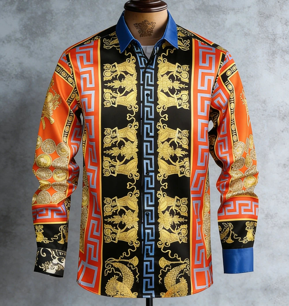 Kavari Royale Men’s French Luxury Baroque Shirt – 3D Printed Long Sleeve Hawaiian Vacation & Wedding Wear