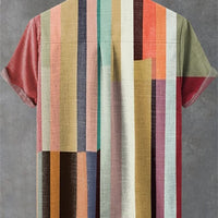 Kavari Royale Men’s Multicolor Geometric Stripe Shirt – 3D Printed Linen Short Sleeve Casual Flap Collar
