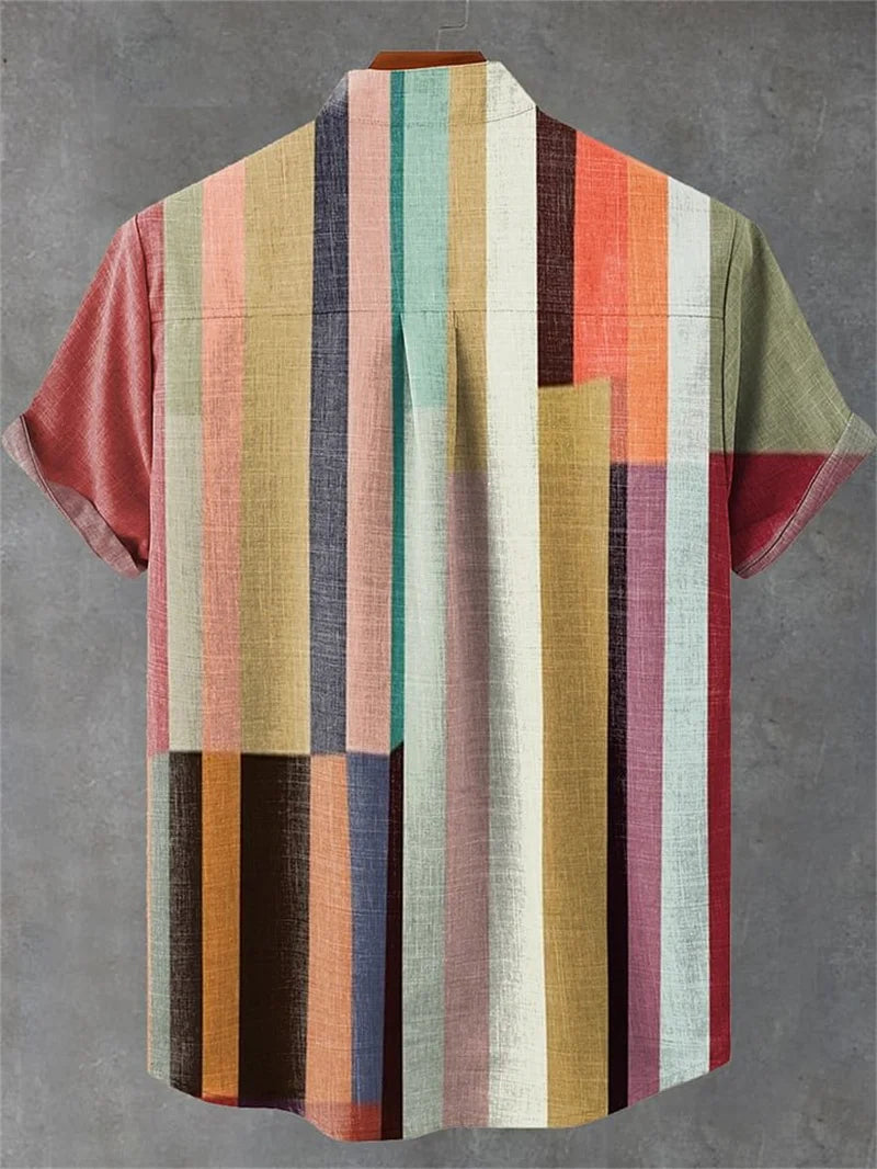 Kavari Royale Men’s Multicolor Geometric Stripe Shirt – 3D Printed Linen Short Sleeve Casual Flap Collar