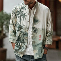 Kavari Royale Men’s Linen Long Sleeve Shirt – 3D Bamboo Leaf Print Hawaiian Lapel Casual Comfort Top