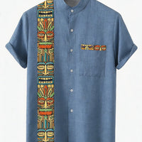 Kavari Royale Men’s Linen Lapel Shirt – Ethnic Totem 3D Printed Hawaiian Short Sleeve Vacation Party Wear