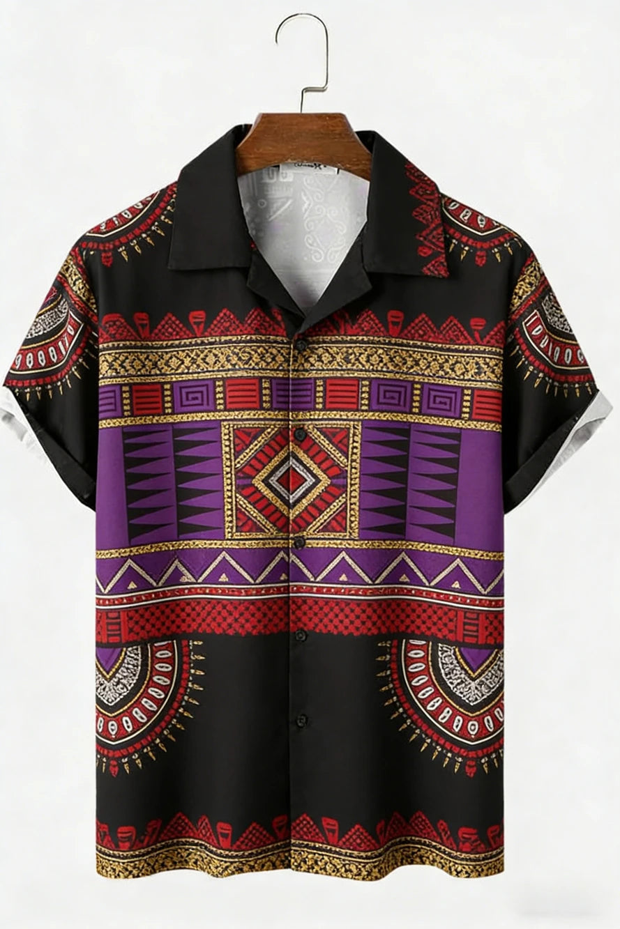 Kavari Royale Men’s Ethnic Tribal 3D Printed Linen Shirt – Hawaiian Tropical Short Sleeve Lapel Casual Wear