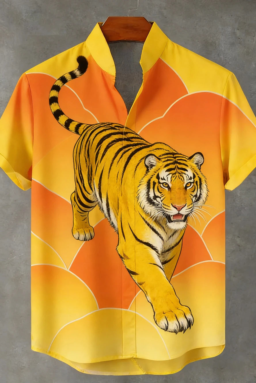 Kavari Royale Men’s Tiger & Phoenix 3D Printed Linen Shirt – Hawaiian Casual Short Sleeve Outdoor Wear 2026