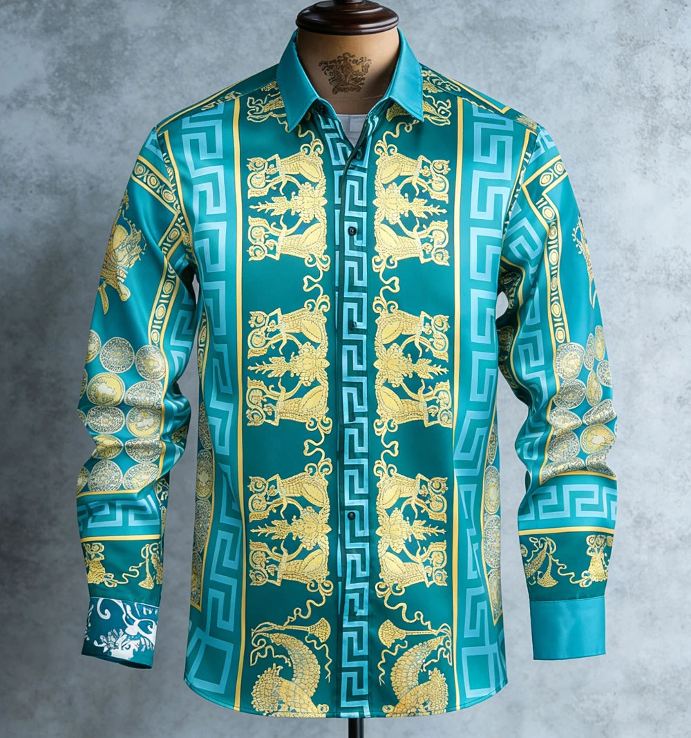 Kavari Royale Men’s French Luxury Baroque Shirt – 3D Printed Long Sleeve Hawaiian Vacation & Wedding Wear