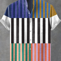 Kavari Royale Men’s Multicolor Geometric Stripe Shirt – 3D Printed Linen Short Sleeve Casual Flap Collar