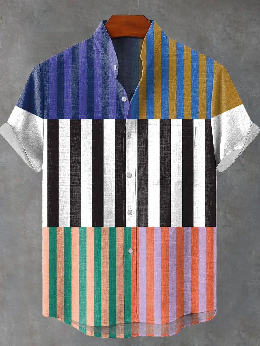 Kavari Royale Men’s Multicolor Geometric Stripe Shirt – 3D Printed Linen Short Sleeve Casual Flap Collar