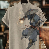 Kavari Royale Men’s Linen Short Sleeve Shirt – Stand Collar Printed Button-Up Casual Outdoor Wear